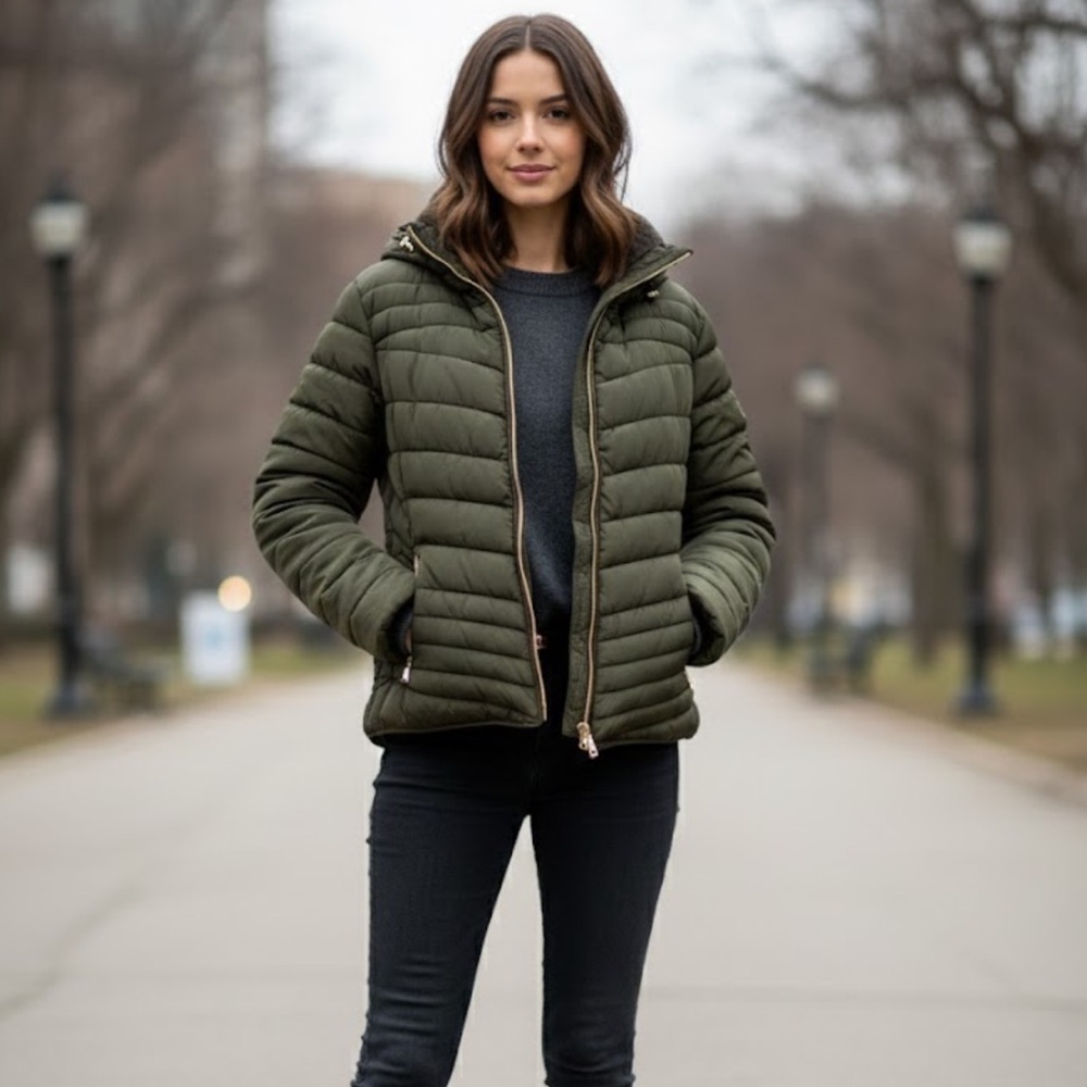 YMI Olive Quilted Puffed Jacket Size M Women's Full Zip